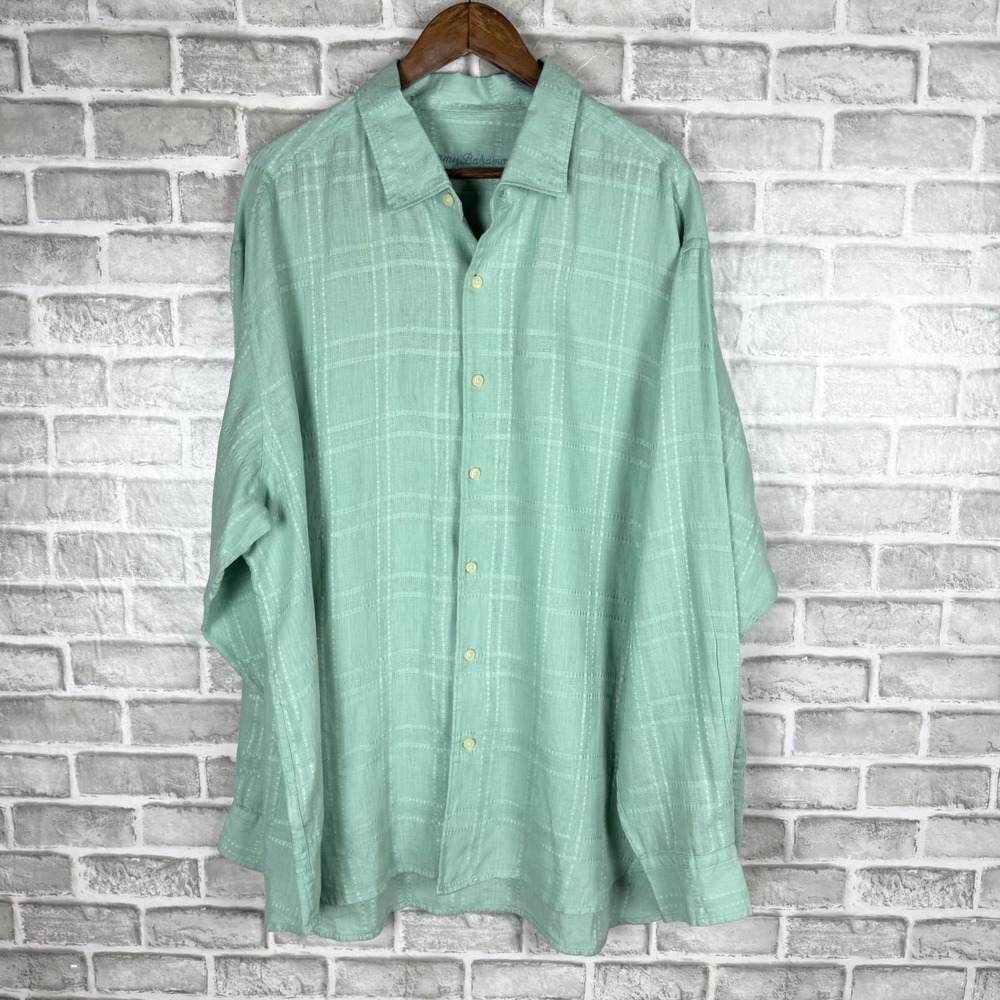 Tommy Bahama Mens XXL Seafoam Green 100% Linen Grid Dobby Long Sleeve Shirt
